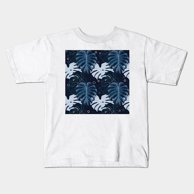 Monstera Pattern - Navy Blue Kids T-Shirt by monitdesign